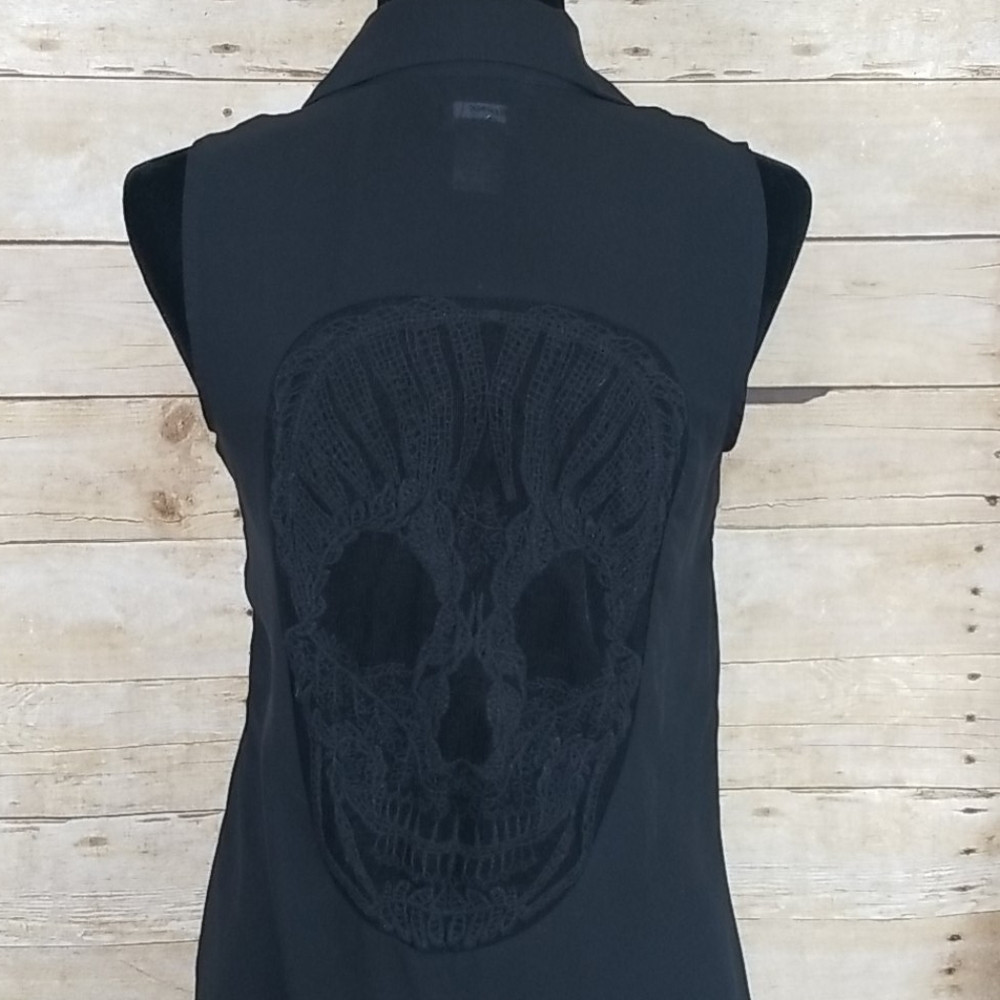 Teenage Runaway Sheer Skull Embroidered Button Top